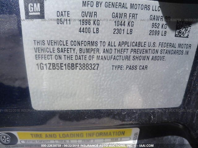 1G1ZB5E16BF388327 - 2011 CHEVROLET MALIBU LS ლურჯი ფოტო 9