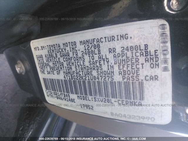 4T1BG22K21U047275 - 2001 TOYOTA CAMRY CE/LE/XLE GREEN photo 9