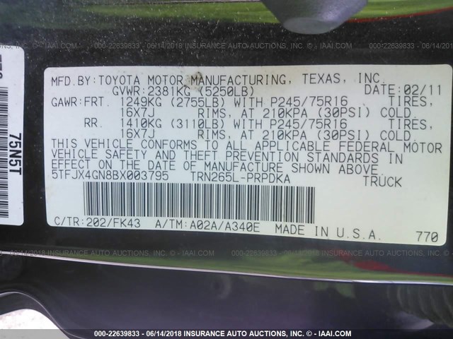 5TFJX4GN8BX003795 - 2011 TOYOTA TACOMA DOUBLE CAB 黑色 照片 9