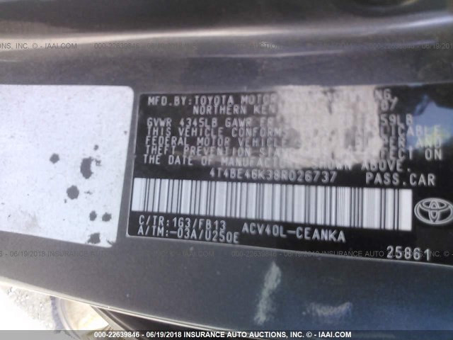 4T4BE46K38R026737 - 2008 TOYOTA CAMRY CE/LE/XLE/SE GRAY photo 9