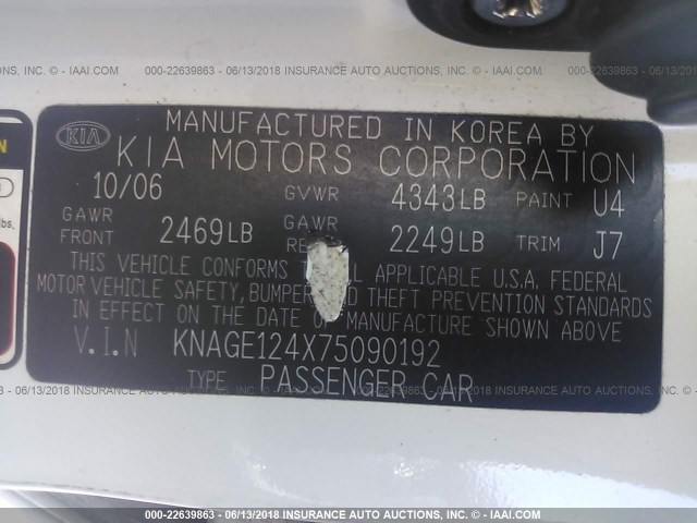 KNAGE124X75090192 - 2007 KIA OPTIMA LX/EX WHITE photo 9