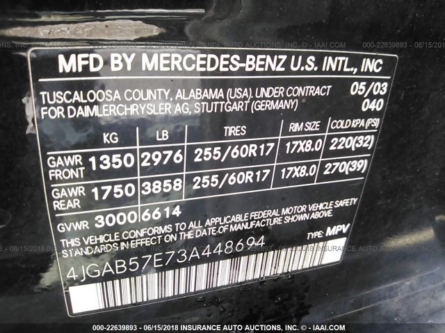 4JGAB57E73A448694 - 2003 MERCEDES-BENZ ML 350 BLACK photo 9