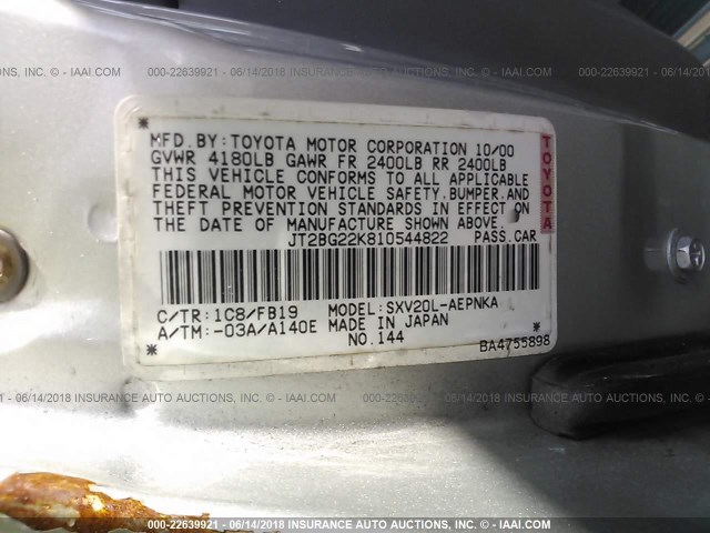 JT2BG22K810544822 - 2001 TOYOTA CAMRY CE/LE/XLE 银色 照片 9