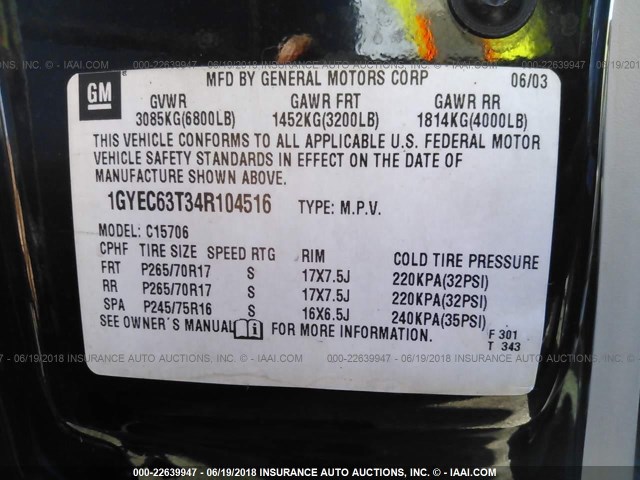 1GYEC63T34R104516 - 2004 CADILLAC ESCALADE LUXURY შავი ფოტო 9