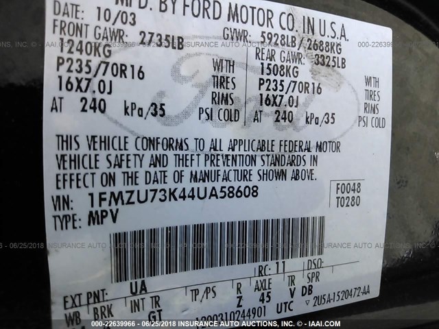 1FMZU73K44UA58608 - 2004 FORD EXPLORER XLT/XLT SPORT/NBX 黑色 照片 9