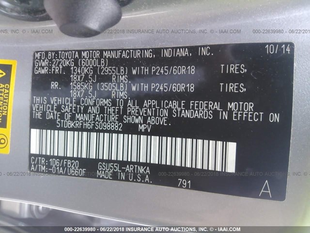 5TDBKRFH6FS098882 - 2015 TOYOTA HIGHLANDER LE/LE PLUS SILVER photo 9