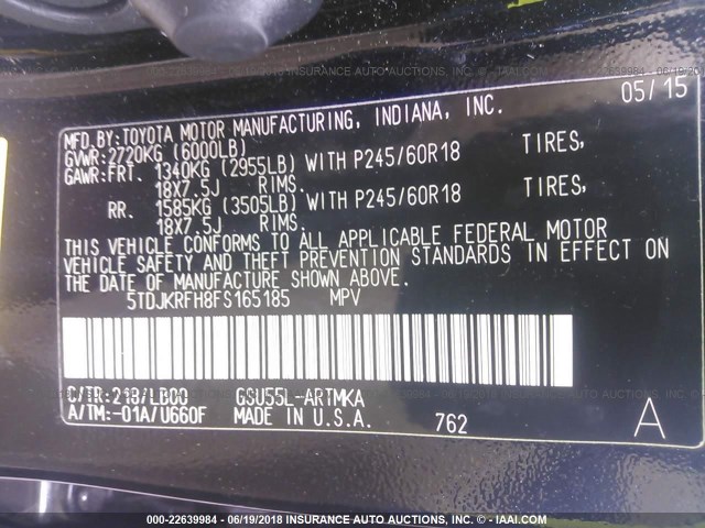 5TDJKRFH8FS165185 - 2015 TOYOTA HIGHLANDER XLE შავი ფოტო 9