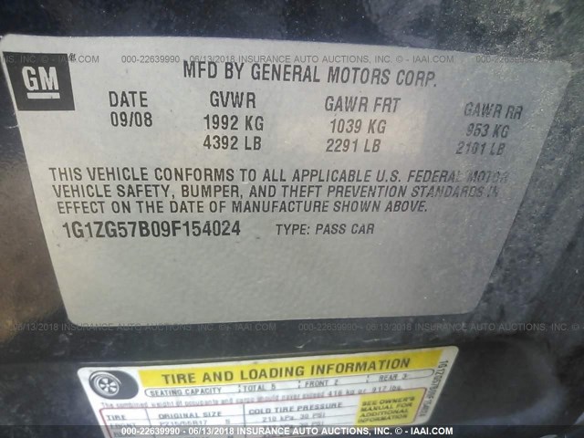 1G1ZG57B09F154024 - 2009 CHEVROLET MALIBU LS 蓝色 照片 9