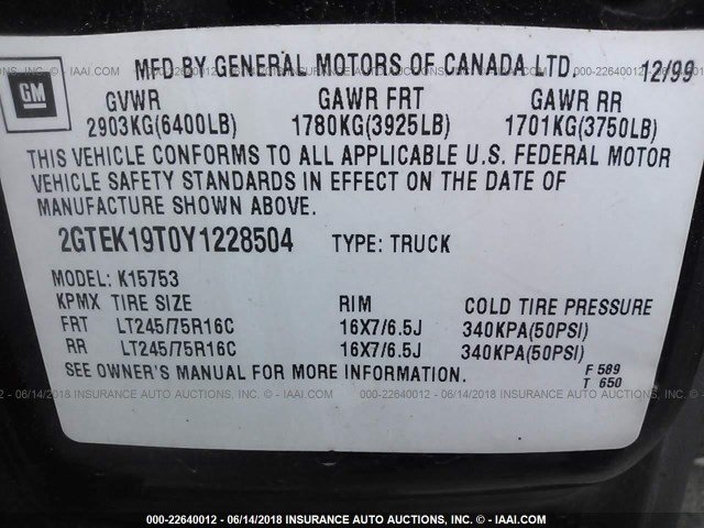 2GTEK19T0Y1228504 - 2000 GMC NEW SIERRA K1500 MAROON photo 9