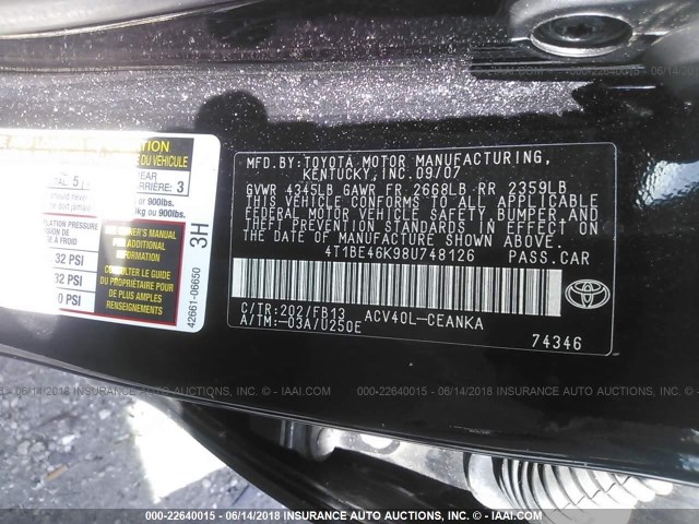 4T1BE46K98U748126 - 2008 TOYOTA CAMRY CE/LE/XLE/SE BLACK photo 9