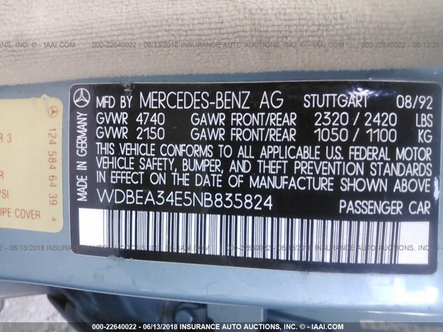 WDBEA34E5NB835824 - 1992 MERCEDES-BENZ 400 E Light Blue photo 9