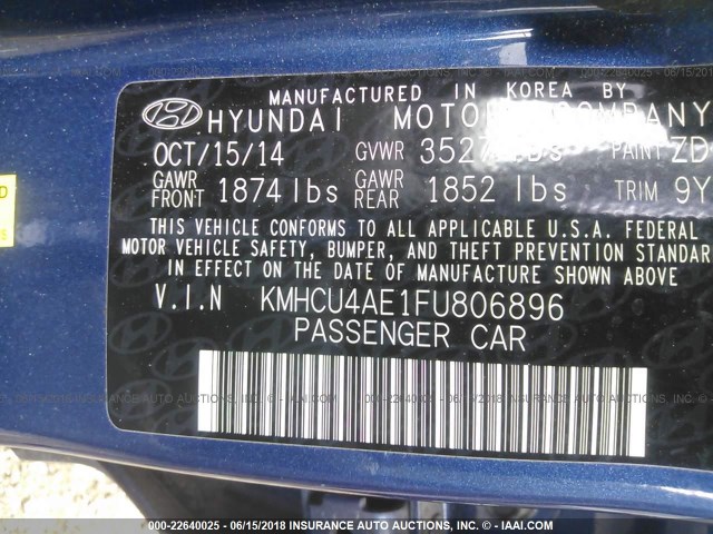 KMHCU4AE1FU806896 - 2015 HYUNDAI ACCENT GLS/SE BLUE photo 9