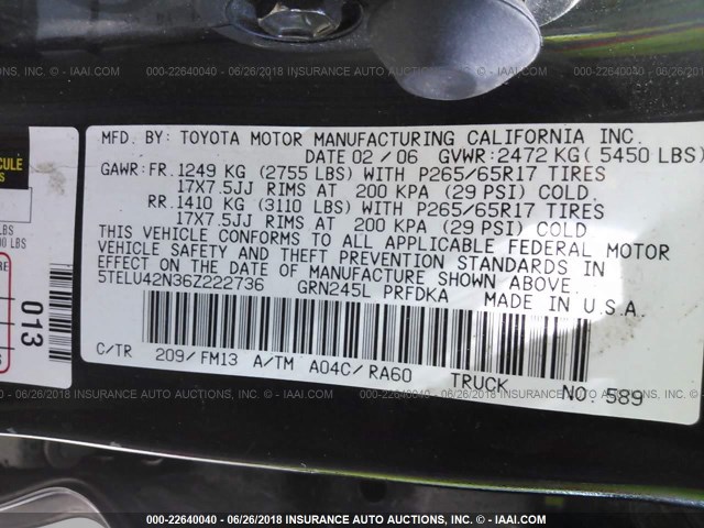 5TELU42N36Z222736 - 2006 TOYOTA TACOMA DOUBLE CAB BLACK photo 9