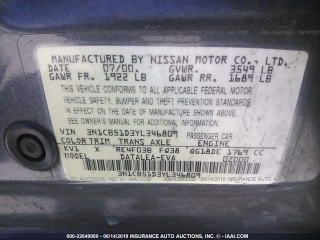 3N1CB51D3YL346809 - 2000 NISSAN SENTRA XE/GXE GRAY photo 9