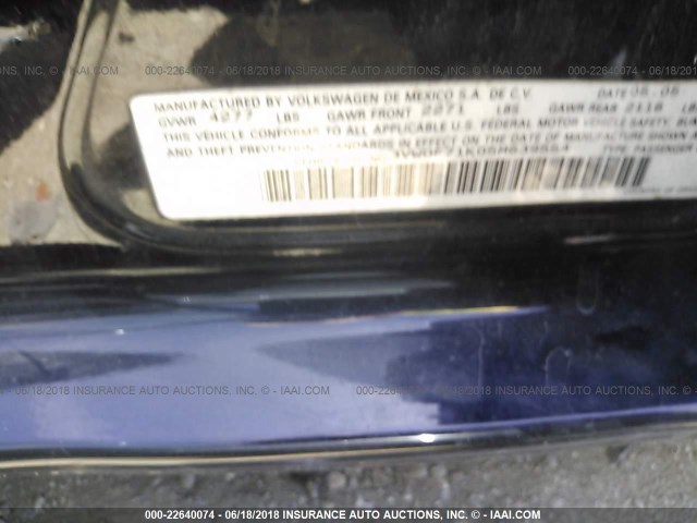 3VWDF71K05M639554 - 2005 VOLKSWAGEN NEW JETTA 2.5L OPTION PACKAGE 2 BLACK photo 9