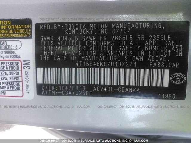 4T1BE46K87U187271 - 2007 TOYOTA CAMRY NEW GENERAT CE/LE/XLE/SE SILVER photo 9