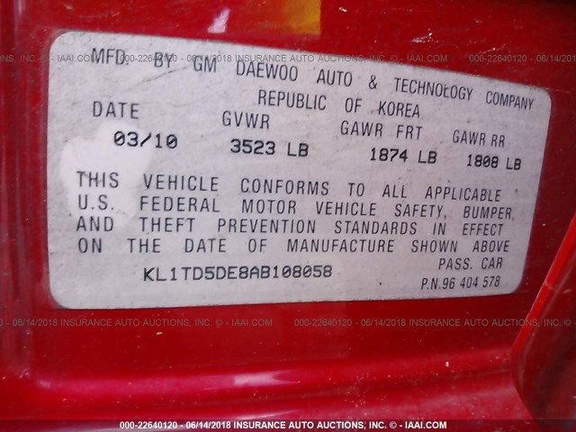 KL1TD5DE8AB108058 - 2010 CHEVROLET AVEO LS/LT RED photo 9