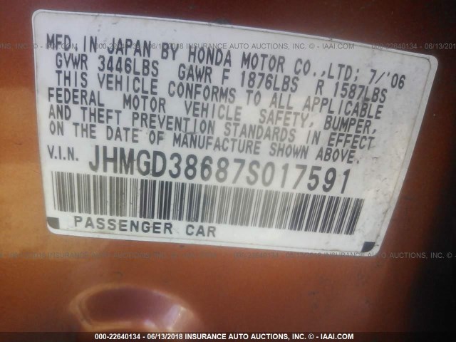 JHMGD38687S017591 - 2007 HONDA FIT S ORANGE photo 9