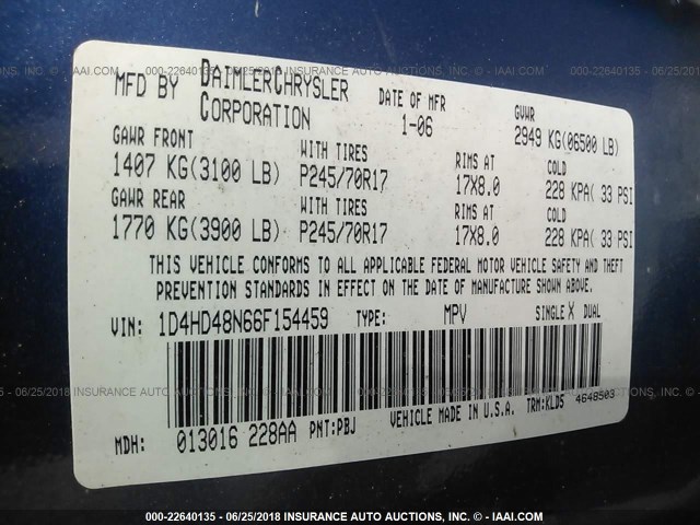 1D4HD48N66F154459 - 2006 DODGE DURANGO SLT BLUE photo 9