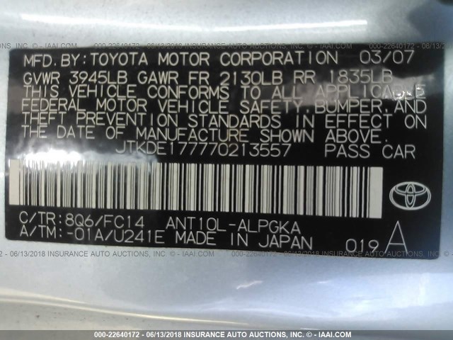JTKDE177770213557 - 2007 TOYOTA SCION TC 青色 照片 9