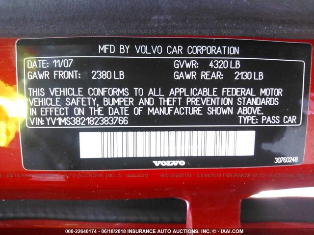 YV1MS382182383766 - 2008 VOLVO S40 2.4I RED photo 9