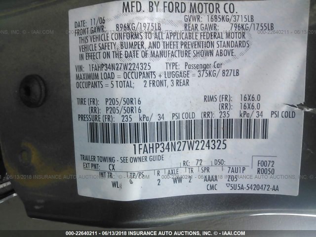 1FAHP34N27W224325 - 2007 FORD FOCUS ZX4/S/SE/SES GRAY photo 9