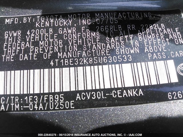 4T1BE32K85U630533 - 2005 TOYOTA CAMRY LE/XLE/SE Boz foto 9