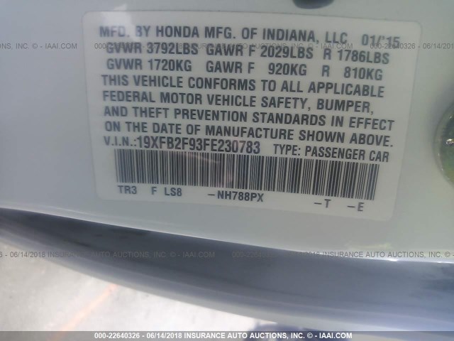 19XFB2F93FE230783 - 2015 HONDA CIVIC EXL WHITE photo 9