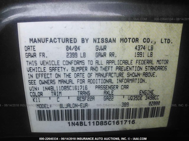 1N4BL11D85C161716 - 2005 NISSAN ALTIMA SE/SL/SE-R GRAY photo 9