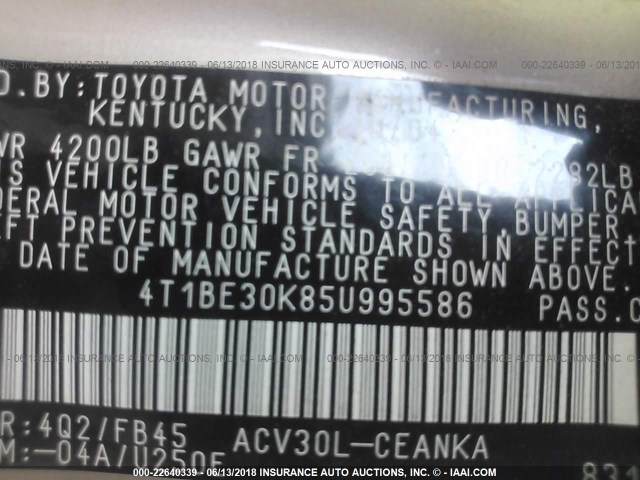 4T1BE30K85U995586 - 2005 TOYOTA CAMRY LE/XLE/SE Шампан түсті фото 9