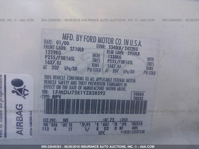 1FMDU75E1YZB28592 - 2000 FORD EXPLORER LIMITED أبيض صورة 9