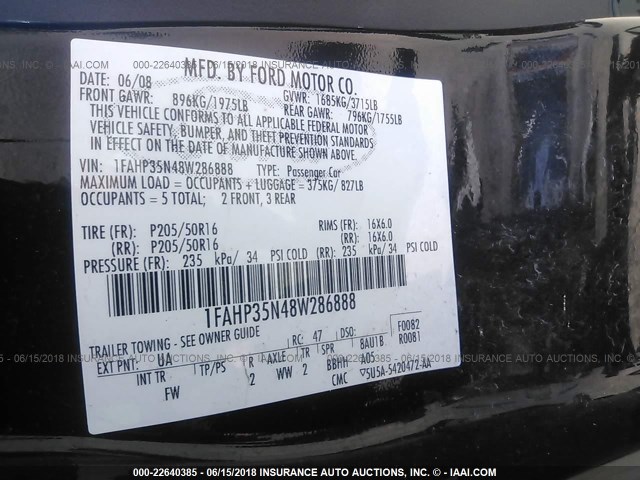 1FAHP35N48W286888 - 2008 FORD FOCUS SE/SEL/SES BLACK photo 9