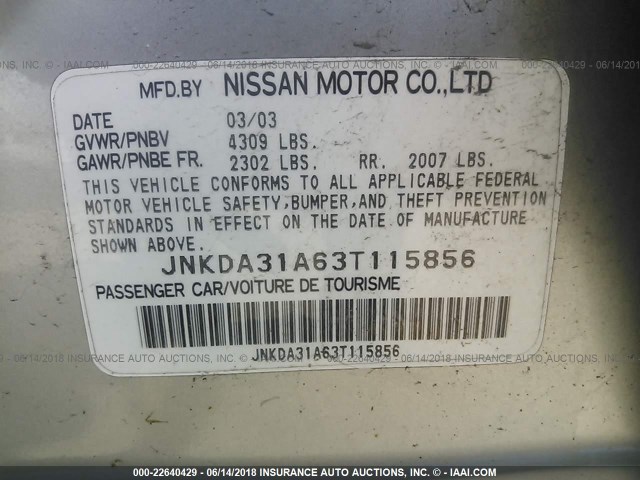 JNKDA31A63T115856 - 2003 INFINITI I35 SILVER photo 9