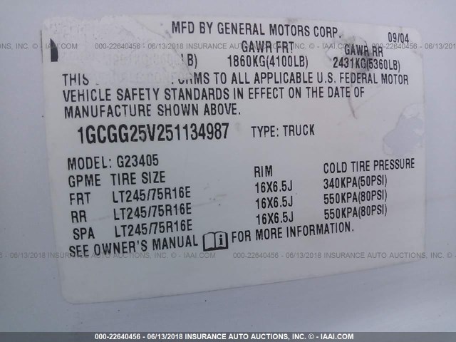 1GCGG25V251134987 - 2005 CHEVROLET EXPRESS G2500  WHITE photo 9