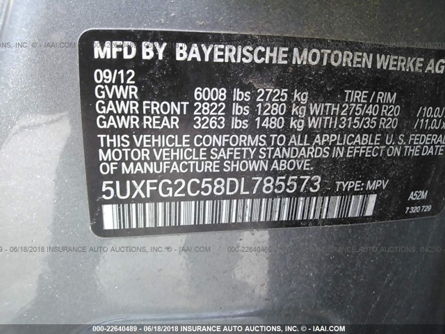 5UXFG2C58DL785573 - 2013 BMW X6 XDRIVE35I GRAY photo 9