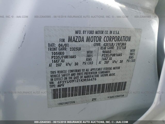 4F2YU09121KM56476 - 2001 MAZDA TRIBUTE LX/ES 白色 照片 9