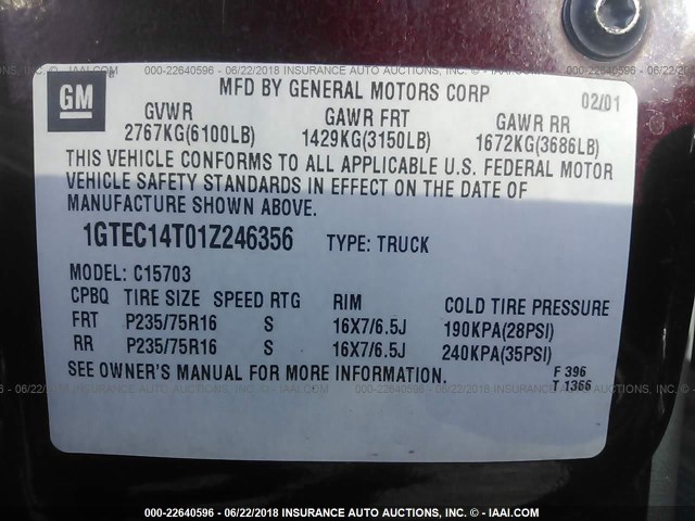 1GTEC14T01Z246356 - 2001 GMC NEW SIERRA C1500 MAROON photo 9