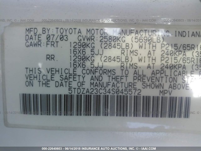 5TDZA23C34S045572 - 2004 TOYOTA SIENNA CE/LE WHITE photo 9