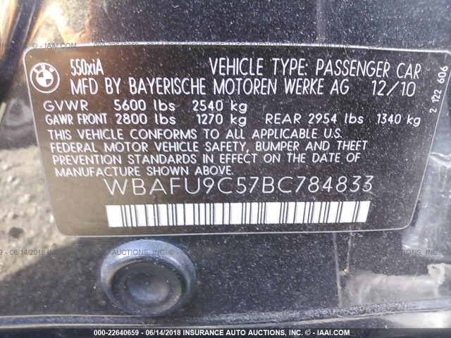 WBAFU9C57BC784833 - 2011 BMW 550 XI GRAY photo 9