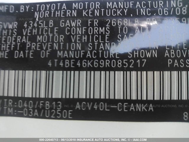 4T4BE46K69R085217 - 2009 TOYOTA CAMRY SE/LE/XLE WHITE photo 9