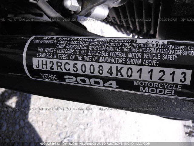 JH2RC50084K011213 - 2004 HONDA VT750 C BLACK photo 10