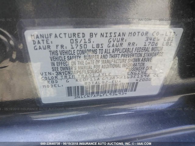 3N1CN7AP6FL936934 - 2015 NISSAN VERSA S/S PLUS/SV/SL GRAY photo 9