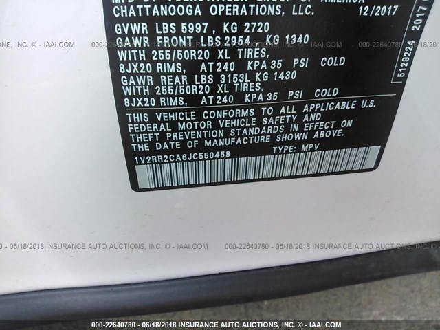 1V2RR2CA6JC550458 - 2018 VOLKSWAGEN ATLAS SEL Ağ foto 9