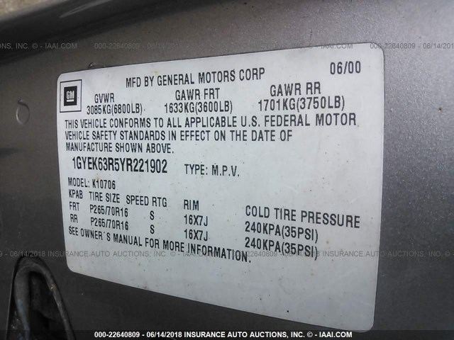 1GYEK63R5YR221902 - 2000 CADILLAC ESCALADE LUXURY Qızıl foto 9