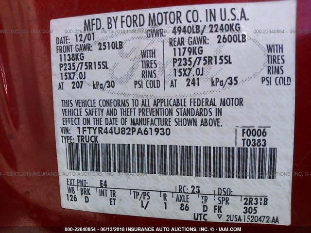 1FTYR44U82PA61930 - 2002 FORD RANGER SUPER CAB RED photo 9