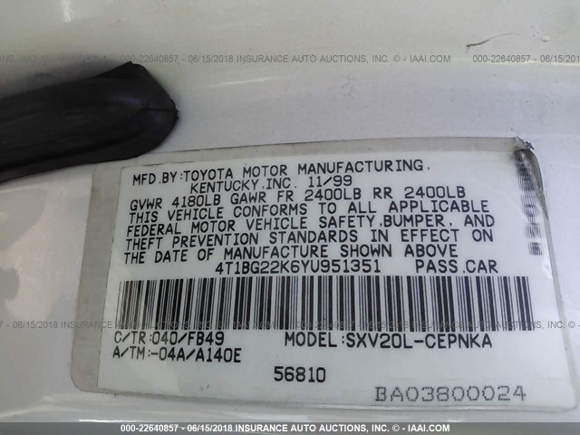 4T1BG22K6YU951351 - 2000 TOYOTA CAMRY CE/LE/XLE WHITE photo 9