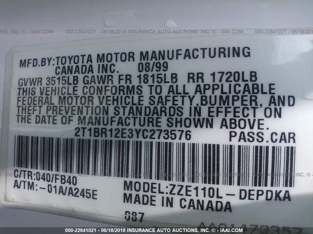 2T1BR12E3YC273576 - 2000 TOYOTA COROLLA VE/CE/LE 白色 照片 9