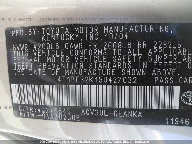 4T1BE32K15U427032 - 2005 TOYOTA CAMRY LE/XLE/SE ოქროსფერი ფოტო 9