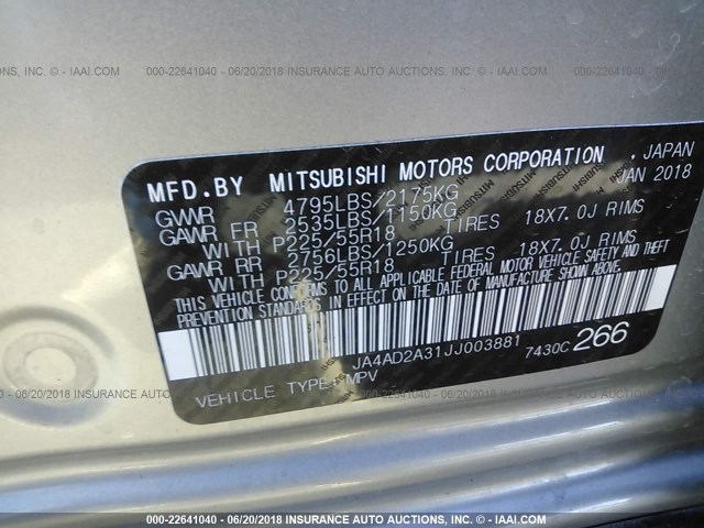 JA4AD2A31JJ003881 - 2018 MITSUBISHI OUTLANDER ES ვერცხლისფერი ფოტო 9