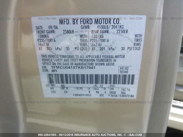 1FMCU041X7KB17941 - 2007 FORD ESCAPE LIMITED GOLD photo 9